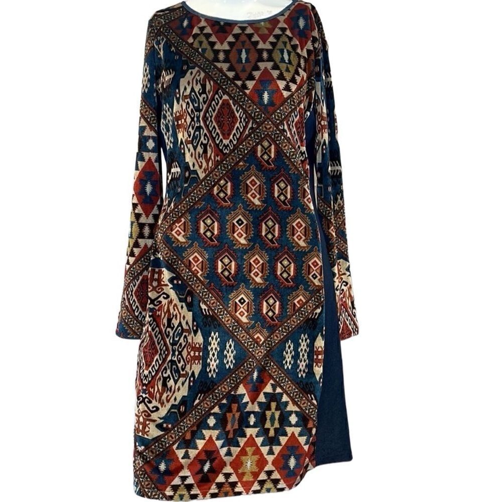 Anthropologie Aldomartins Aztec print blue dress Sz.S